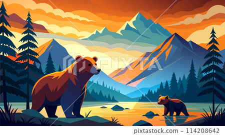 Bears in a picturesque mountain landscape at sunset 114208642