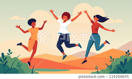 Three Women Jumping in the Air With Hands Raised 114208645