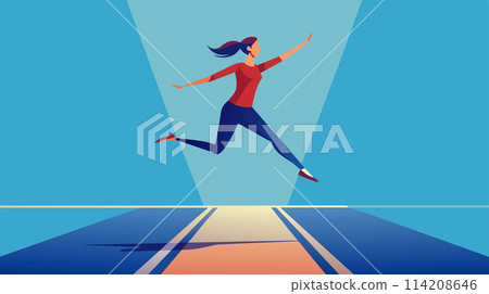 Energetic woman achieving victory in a stylized race Energetic woman achieving victory in a stylized race 114208646
