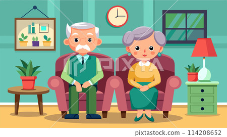 Senior couple relaxing together in a cozy living room 114208652