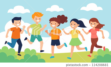 Group of People Running in Park 114208681