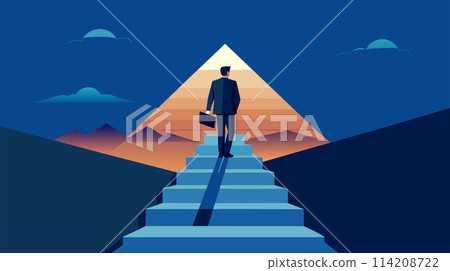 Businessman climbing stairs towards success at dawn illustration 114208722