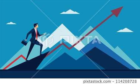 Businessman climbing mountain towards success - achievement and growth concept Businessman climbing mountain towards success - achievement and growth concept 114208728
