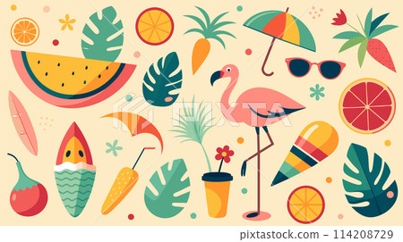 Tropical Summer Vibes With Flamingo and Fruits 114208729