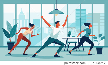 Office workers enjoying a quick fitness break in a modern workplace Office workers enjoying a quick fitness break in a modern workplace 114208747