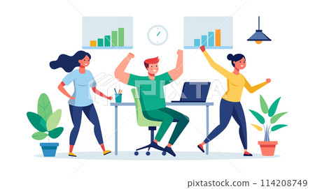 Happy office team celebrating success with arms raised 114208749