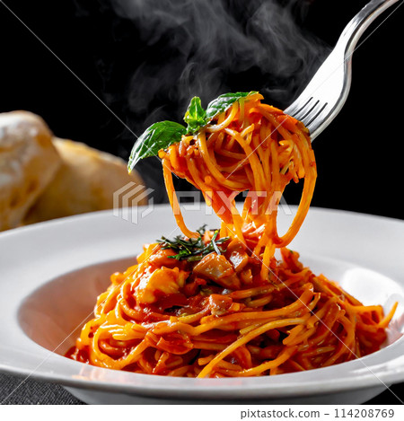 Tomato and seafood pasta held up by a fork on a black background 114208769