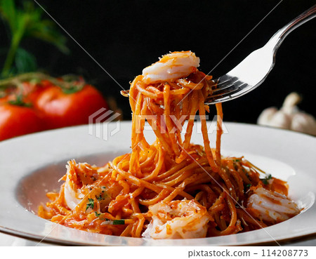 Tomato and seafood pasta held up by a fork on a black background 114208773