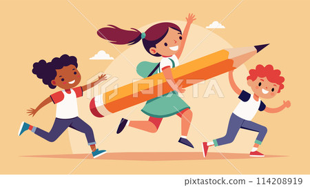 Group of Kids Running With Giant Pencil 114208919