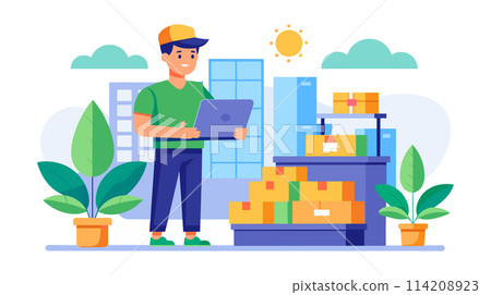 Man Standing in Front of Pile of Boxes 114208923
