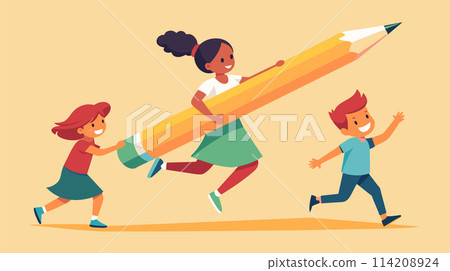 Group of Children Running With Giant Pencil 114208924