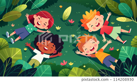 Group of Kids Laying on Lush Green Field 114208930