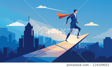 Businessman Launching on Paper Airplane Over Cityscape at Dusk 114209052