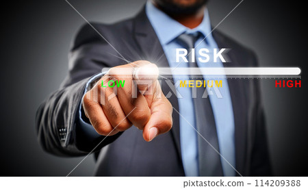 Businessman Hand Pointing the Risk Management for Financial Investments - Generative Ai 114209388