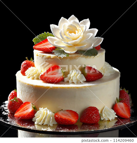 Gorgeous strawberry and white chocolate decorated cake on a black background Gorgeous strawberry and white chocolate decorated cake on a black background 114209460