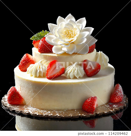 華麗的裝飾蛋糕，配有草莓和白巧克力，黑色背景 114209462