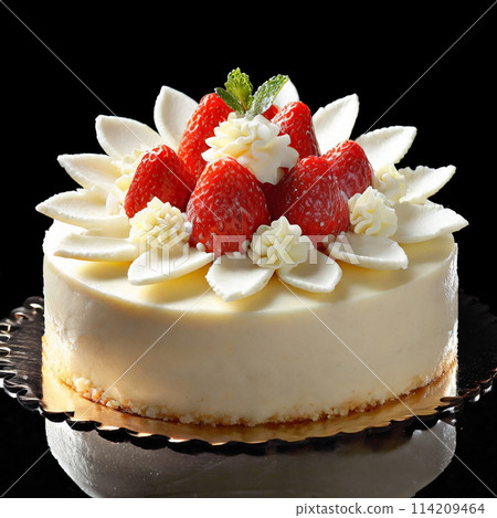 Gorgeous strawberry and white chocolate decorated cake on a black background Gorgeous strawberry and white chocolate decorated cake on a black background 114209464