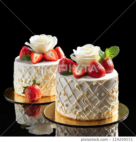 華麗的裝飾蛋糕,配有草莓和白巧克力,黑色背景 華麗的裝飾蛋糕,配有草莓和白巧克力,黑色背景 114209551