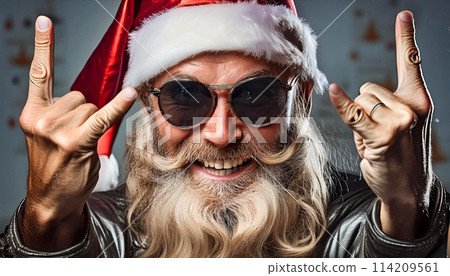Cool Santa Claus Making a Heavy-Metal Gesture and Looking at Camera - Generative Ai 114209561