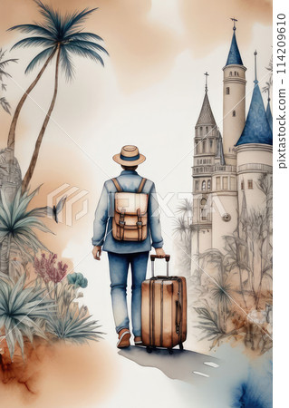 Back view of a tourist pulling a suitcase in watercolor style. 114209610