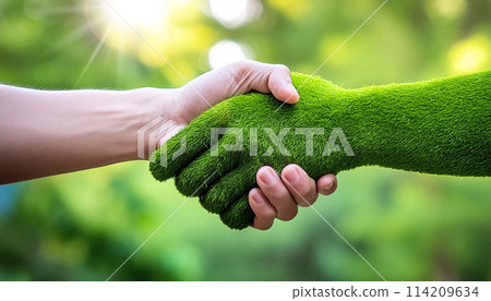 Handshake Between a Human Hand and a Hand Made of Green Grass - Generative Ai Handshake Between a Human Hand and a Hand Made of Green Grass - Generative Ai 114209634