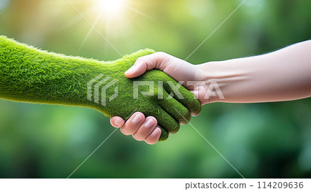 Handshake Between a Human Hand and a Hand Made of Green Grass - Generative Ai 114209636