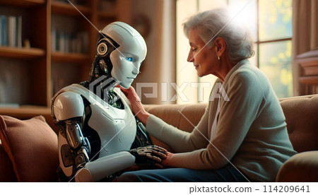 Human Android Robot Consoling an Elderly Woman Sitting on a Sofa - Generative Ai 114209641