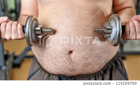 Obese Man with Fat Belly Lifting Weights in Order to Lose Weight - Generative Ai 114209769