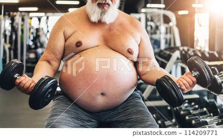 Obese Man with Fat Belly Lifting Weights in Order to Lose Weight - Generative Ai 114209771