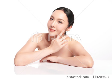 Beautiful young asian woman with clean fresh skin on white background, Face care, Facial treatment, Cosmetology, beauty and spa, Asian women portrait. Beautiful young asian woman with clean fresh skin on white background, Face care, Facial treatment, Cosmetology, beauty and spa, Asian women portrait. 114209807