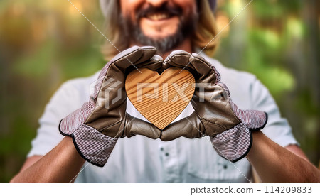 Manual Worker Holding a Wooden Heart in a Green Forest - Generative Ai 114209833