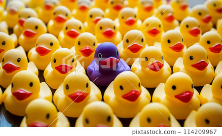One Single Violet Rubber Duck Among a Large Group of Yellow and Orange Ducks - Generative Ai One Single Violet Rubber Duck Among a Large Group of Yellow and Orange Ducks - Generative Ai 114209967