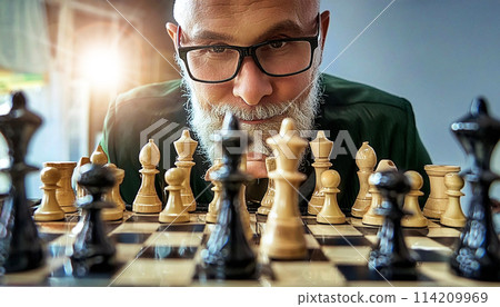 Pensive Male Chess Player Wearing Glasses Thinking About Game Strategy - Generative Ai Pensive Male Chess Player Wearing Glasses Thinking About Game Strategy - Generative Ai 114209969
