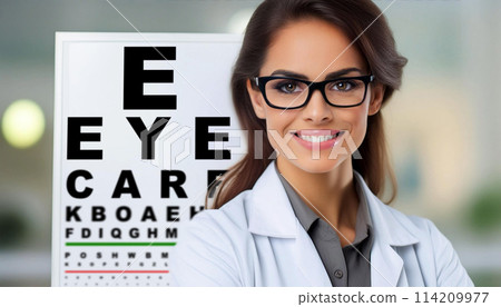 Professional Smiling Optician Near an Eye Exam Chart with Letters - Generative Ai 114209977