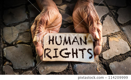 Wrinkled Hands Holding a Piece of Paper with the Text Human Rights - Generative Ai 114209999