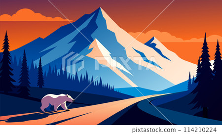 Majestic mountain landscape with bear at sunset 114210224