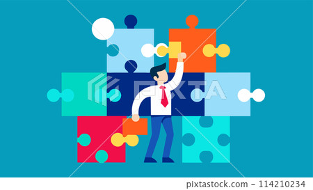 Business strategy and teamwork concept with man assembling jigsaw puzzle Business strategy and teamwork concept with man assembling jigsaw puzzle 114210234
