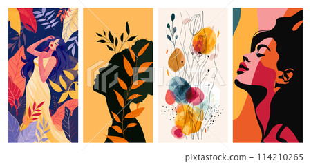 Vibrant collection of four feminine portraits and a dreamcatcher illustration, poster set. Vibrant collection of four feminine portraits and a dreamcatcher illustration, poster set. 114210265