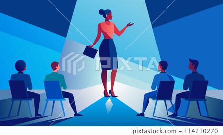 Female leader conducting business presentation to audience in modern style vector illustration Female leader conducting business presentation to audience in modern style vector illustration 114210270