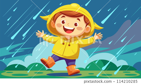 Happy child in rainy weather enjoying puddles - vector illustration Happy child in rainy weather enjoying puddles - vector illustration 114210285