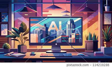 Digital illustration of a modern workspace with cityscape Digital illustration of a modern workspace with cityscape 114210286