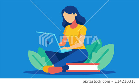 Young woman working on laptop with plant and books 114210315