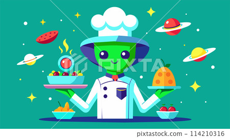Cartoon alien chef serving space-themed dishes with planets 114210316