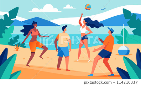 Friends playing beach volleyball vector illustration, summer sports concept Friends playing beach volleyball vector illustration, summer sports concept 114210337