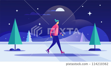 Winter night scene with person ice skating in a serene landscape vector illustration 114210362