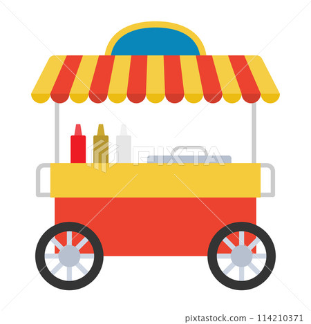 Hot dog stand. Street food cart. Vector illustration. Hot dog stand. Street food cart. Vector illustration. 114210371