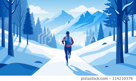 Solitary runner jogging through snowy mountain landscape in winter Solitary runner jogging through snowy mountain landscape in winter 114210376