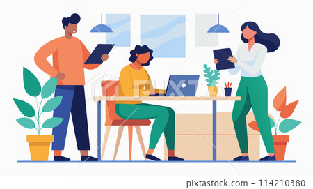 Diverse team collaborating in a modern office 114210380