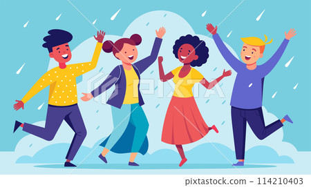 Joyful diverse friends celebrating in the rain - happiness concept 114210403