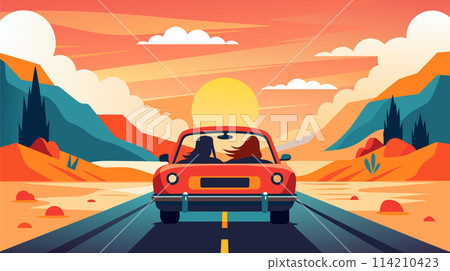 Vector illustration of a scenic sunset road trip in the mountains 114210423